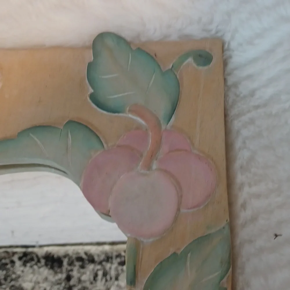 Hand Carved Pink Flowers Wooden Mirror 11Wx18 L‎ NWT